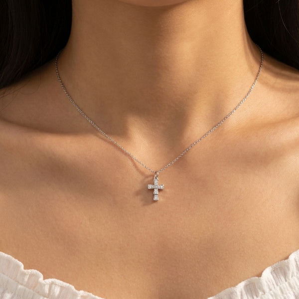 CZ Cross Adjustable Necklace (Silver)