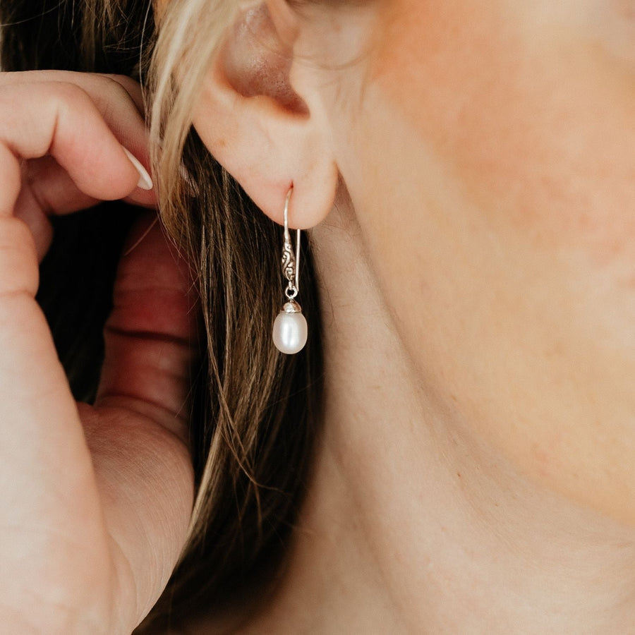 Ocean Collection Earrings Sterling Silver Pearl Drop Earrings with Bali Detail