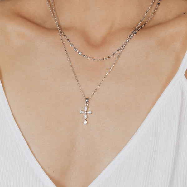 Pear-Cut CZ Cross Pendant (Silver)