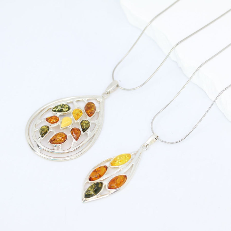 Amber Collection Pendants Multi-Color Amber Leaf Pendant in Sterling Silver