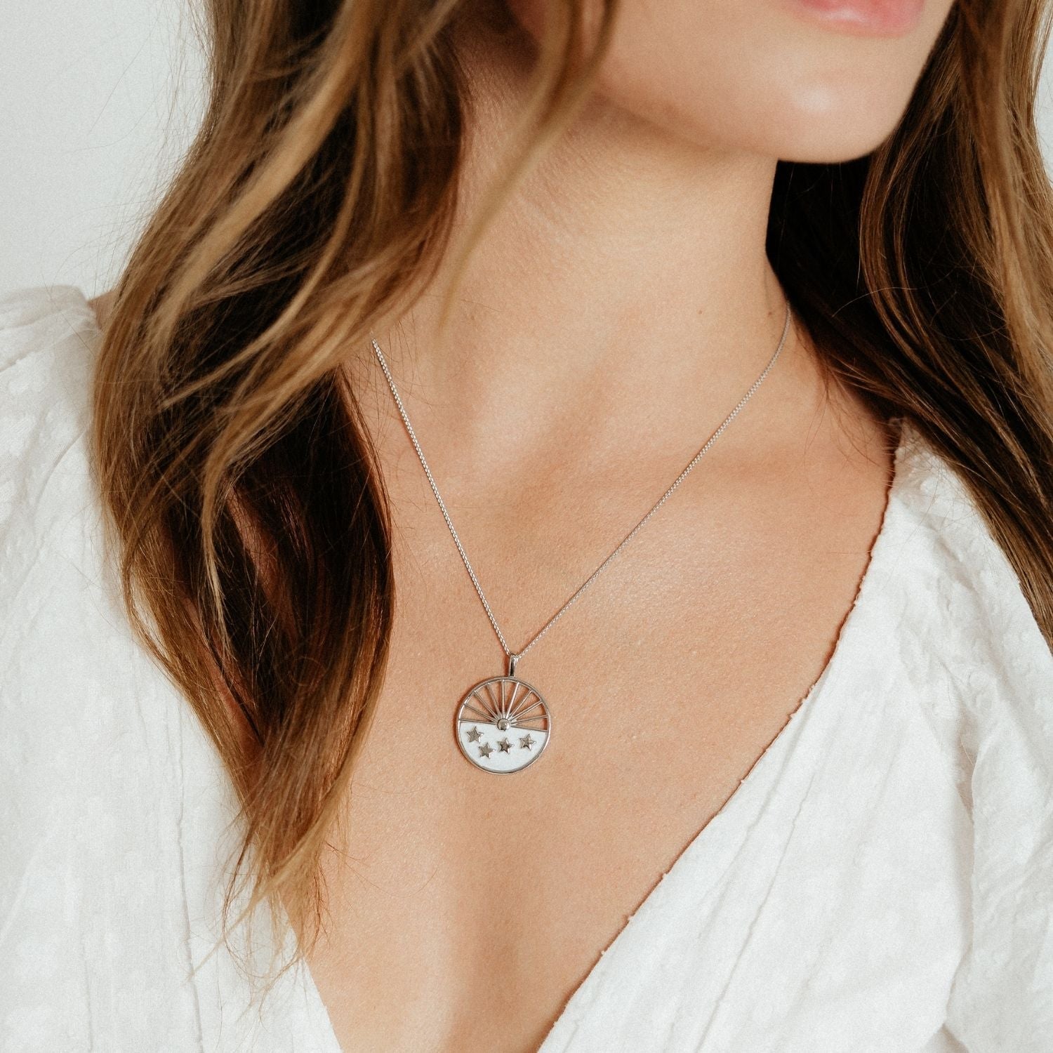 Mother of Pearl Sun & Stars Medallion (Silver) | Roma Designer Jewelry