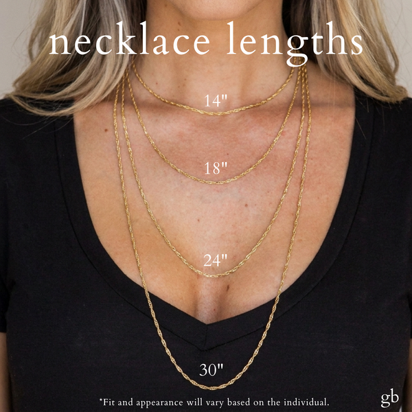 Necklace lengths guide, shown on body (30 inch adjustable chain)