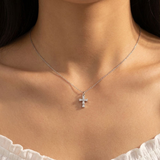 CZ Cross Adjustable Necklace (Silver)