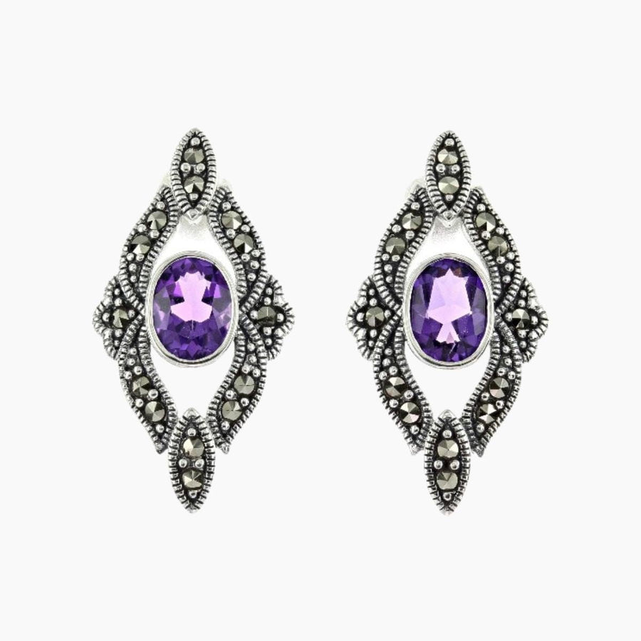 Marcasite Collection Earrings Silver / Black Marcasite & Amethyst Stud Earrings