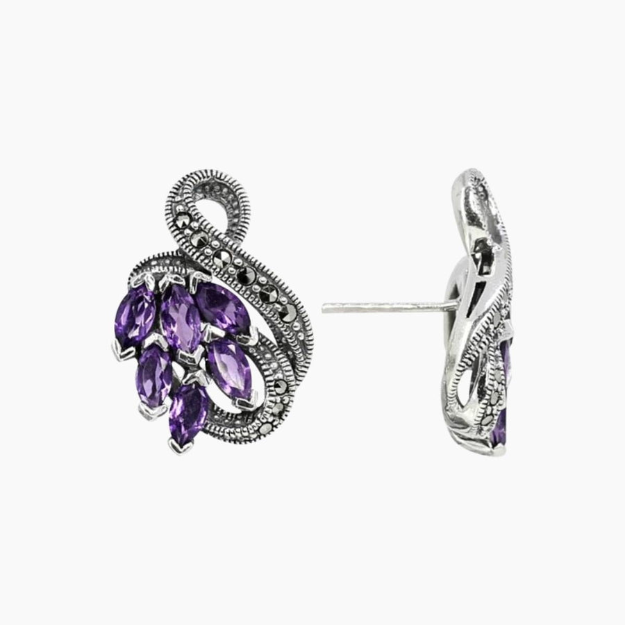 Marcasite Collection Earrings Silver / Black Marcasite Ribbon Style Earring in Sterling Silver with Amethyst Detail