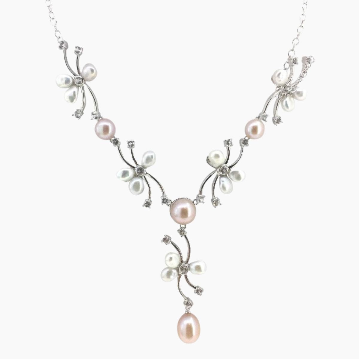 Freshwater Pearl & White Topaz Flower Necklace
