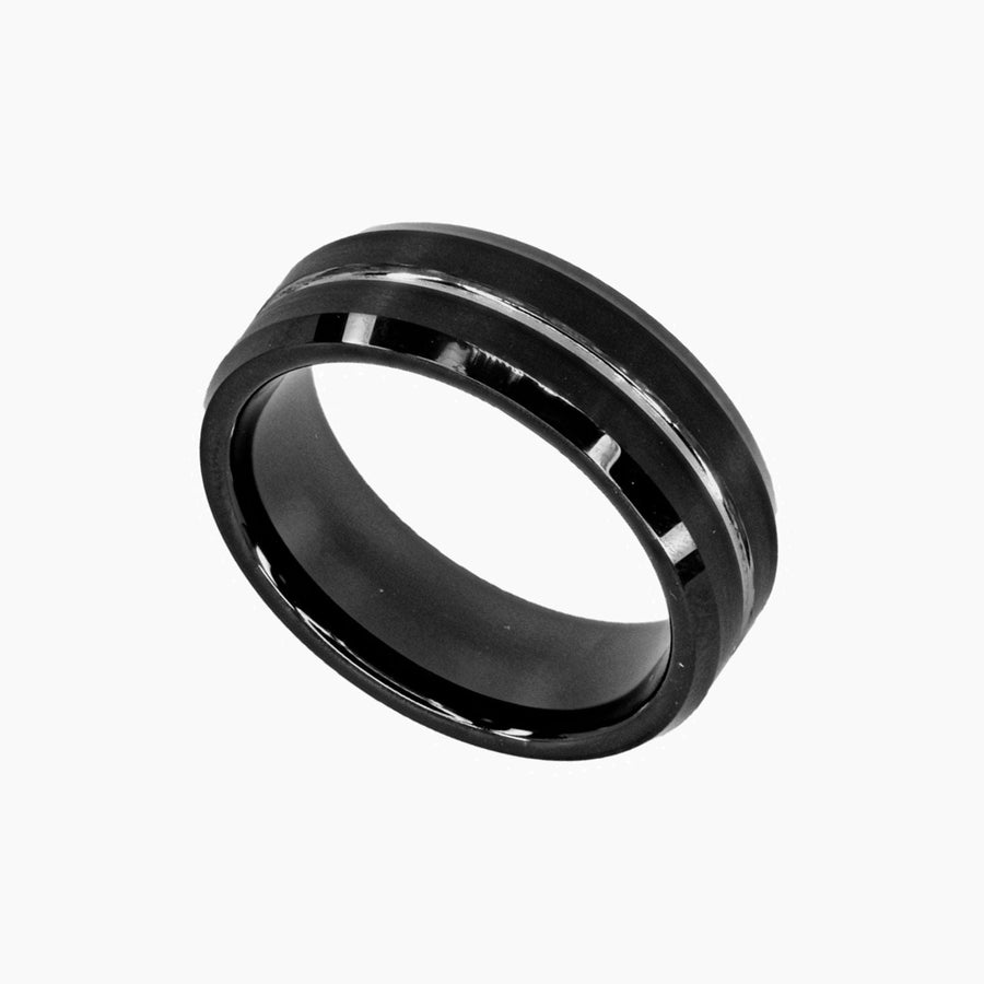 Roma Men's Collection Rings,Men's Grooved Black Tungsten Ring with Beveled Edge