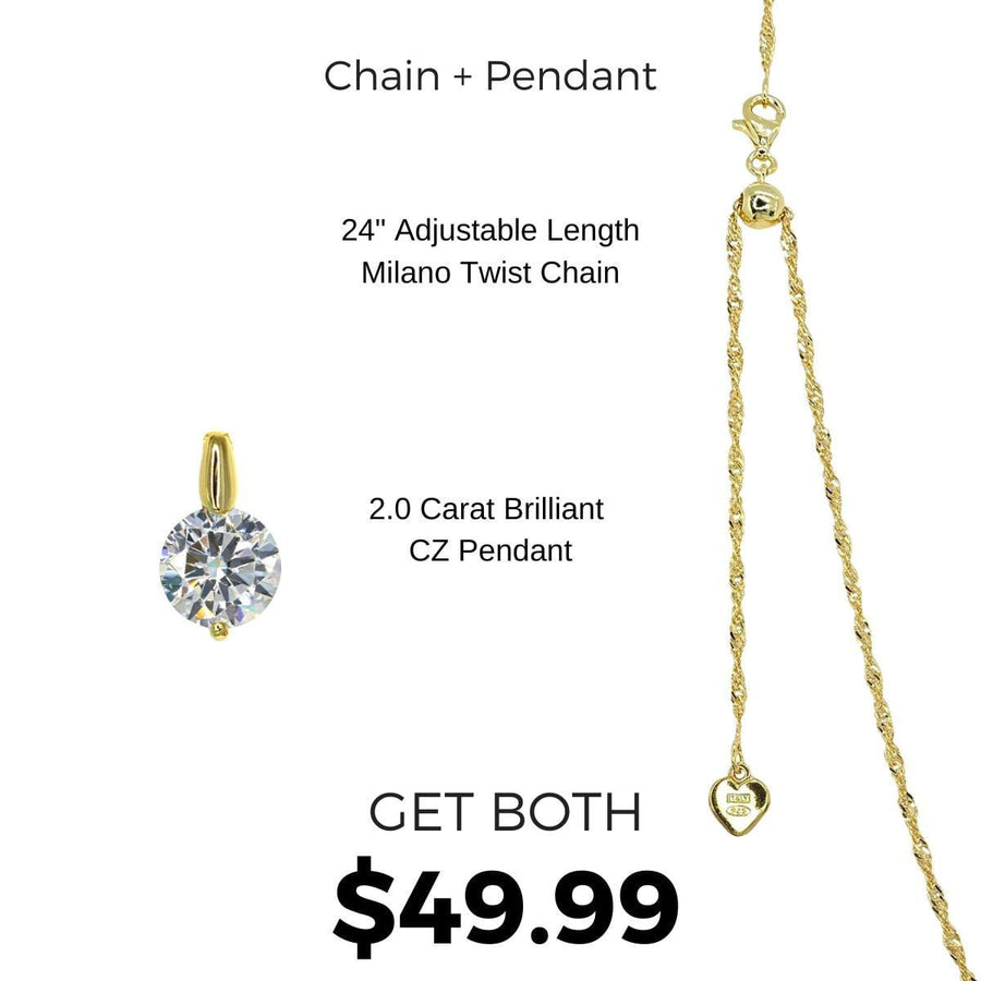 Crystal Collection Necklaces Clear Adjustable Milano Twist Chain + Brilliant CZ Pendant Set in Gold Overlay