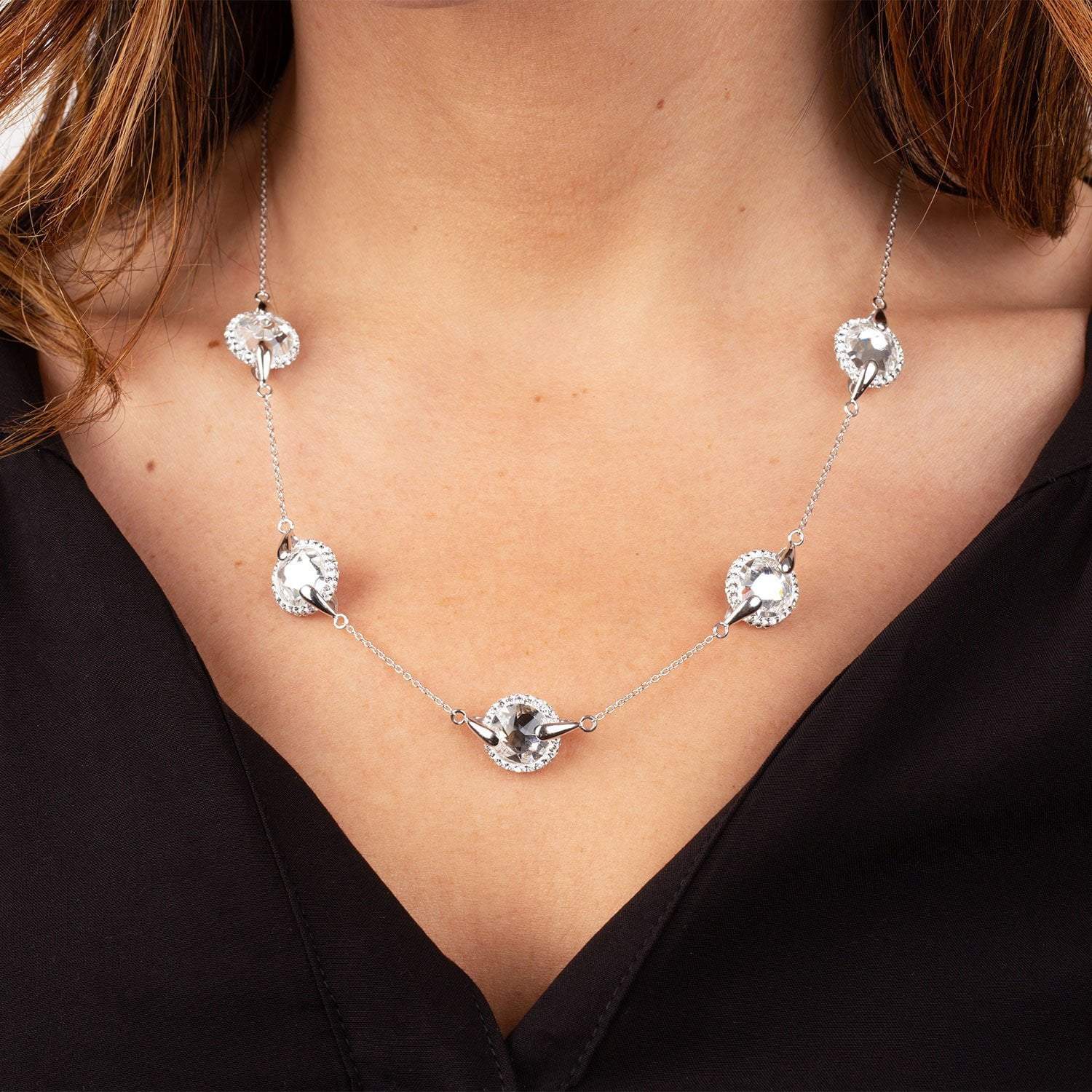 Swarovski Crystal 5 Station 16+2 Necklace Silver Crystal Collection Roma Designer Jewelry