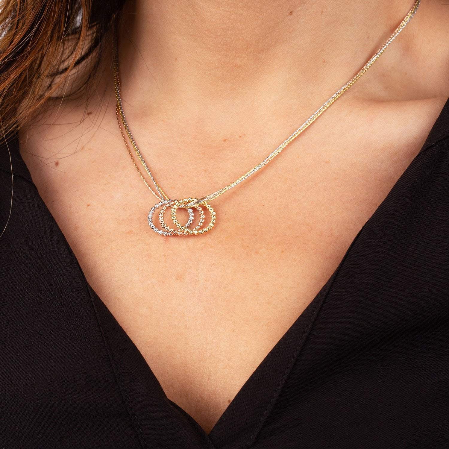 Rose Gold Radiance 3-Ring Necklace with Brilliant CZ Accents in Gold, Rhodium and Rose Gold Tri-Color Eros Milano Roma Designer Jewelry