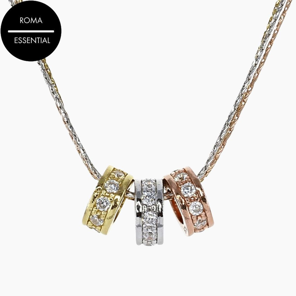 Rose Gold Radiance 3-Ring Necklace with Brilliant CZ Accents in Gold, Rhodium and Rose Gold Tri-Color Eros Milano Roma Designer Jewelry
