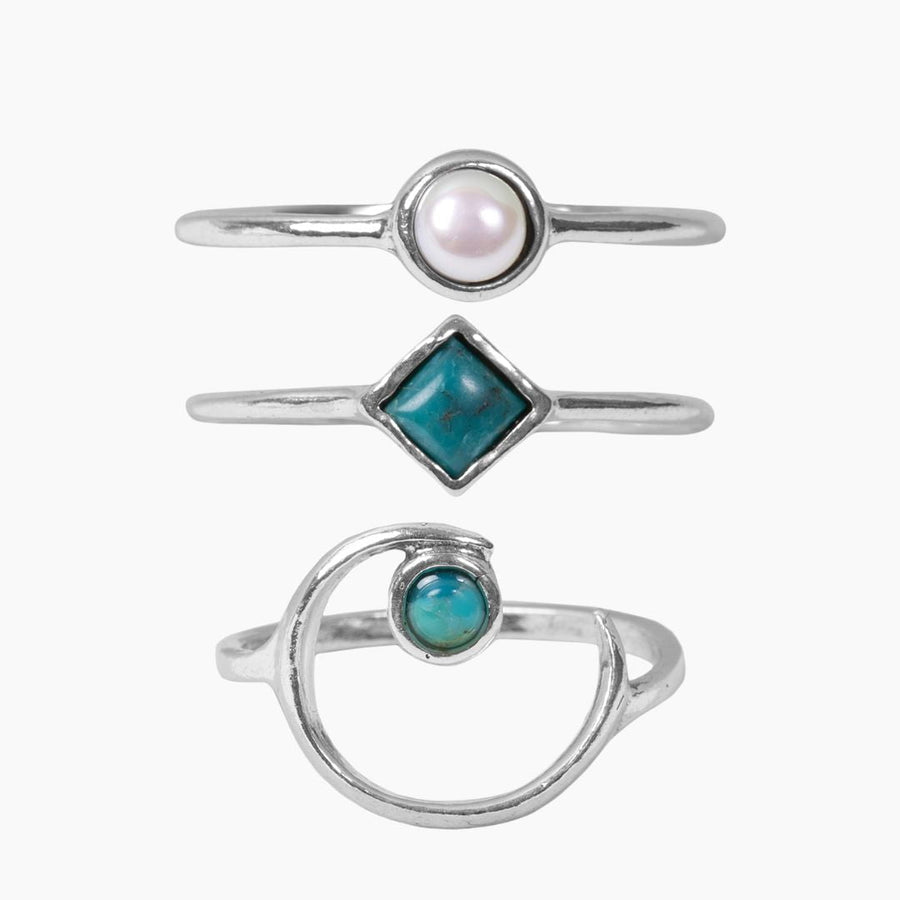 Eros Milano Sets Roma Turquoise & Freshwater Pearl Ring Stack