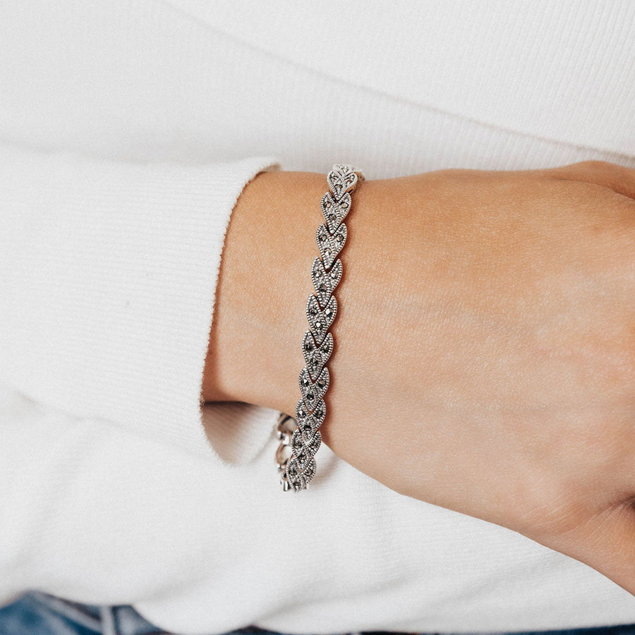 Marcasite Collection Bracelets Silver / Black Marcasite Rounded-Leaf Detail Bracelet