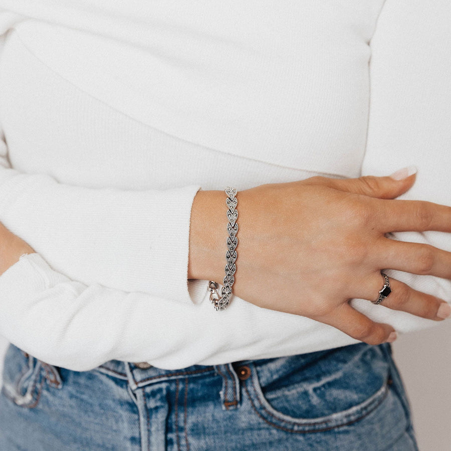 Marcasite Collection Bracelets Silver / Black Marcasite Rounded-Leaf Detail Bracelet