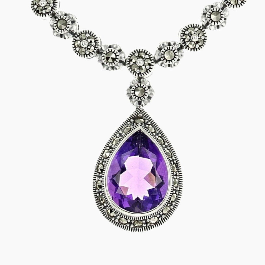 Marcasite Collection Necklaces Color / Silver / Purple Sterling & Marcasite 17" Necklace with Pear Amethyst