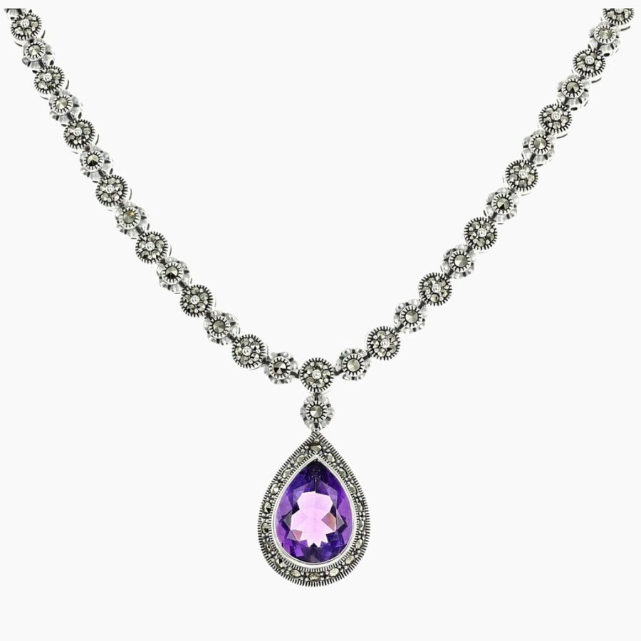 Marcasite Collection Necklaces Color / Silver / Purple Sterling & Marcasite 17" Necklace with Pear Amethyst