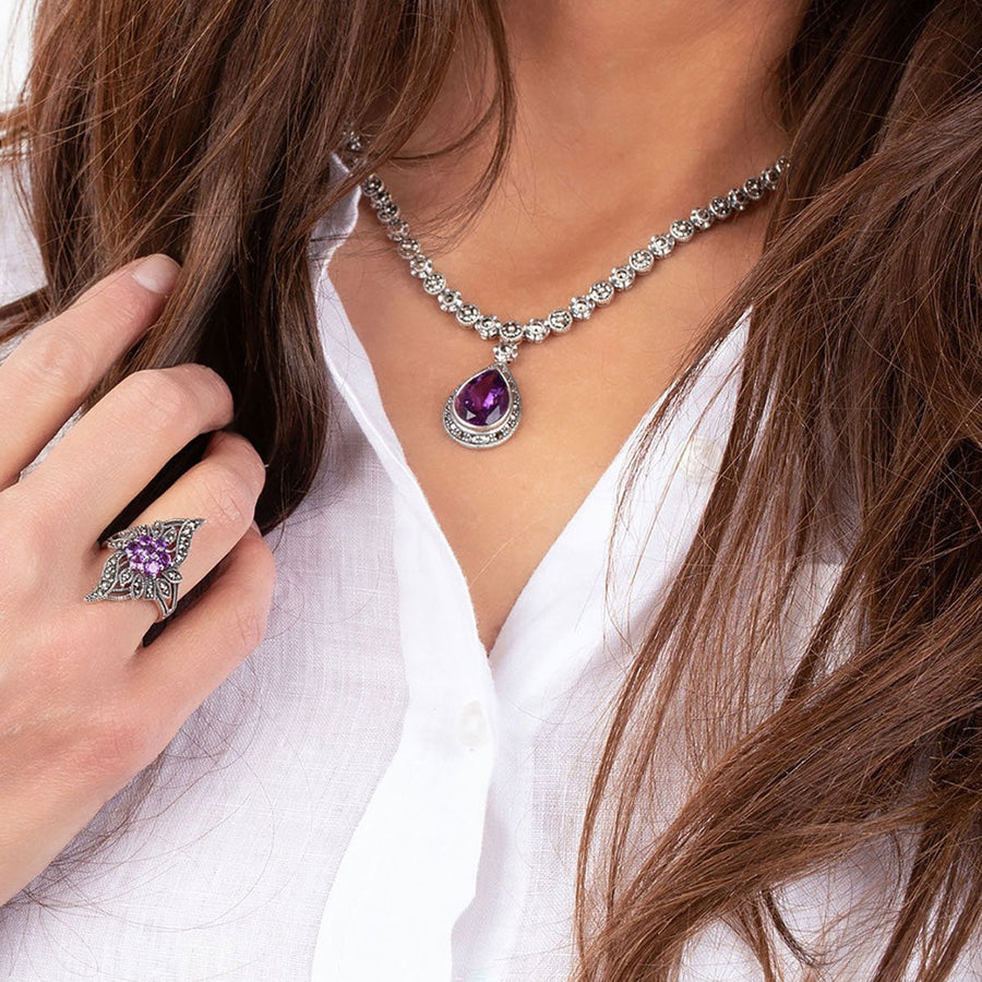 Marcasite Collection Necklaces Silver / Purple Sterling & Marcasite 17" Necklace with Pear Amethyst