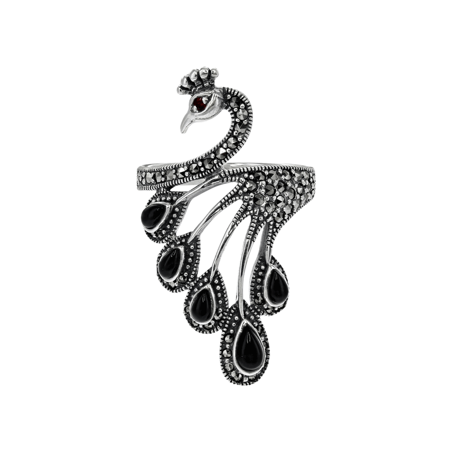 Marcasite Collection Rings Marcasite Peacock Ring in Sterling Silver with Onyx and Garnet detail