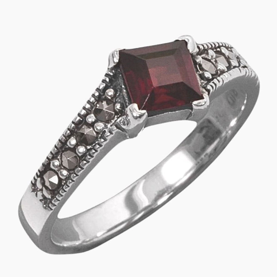 Marcasite Collection Rings Marcasite & Square Garnet Sterling Silver Ring