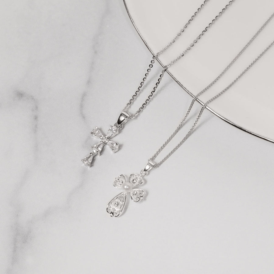 Masami Pearls Pendants Swirl Cross Pendant Decorated with Crystal & Freshwater Pearl