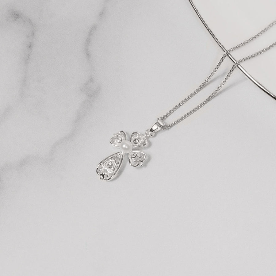 Masami Pearls Pendants Swirl Cross Pendant Decorated with Crystal & Freshwater Pearl