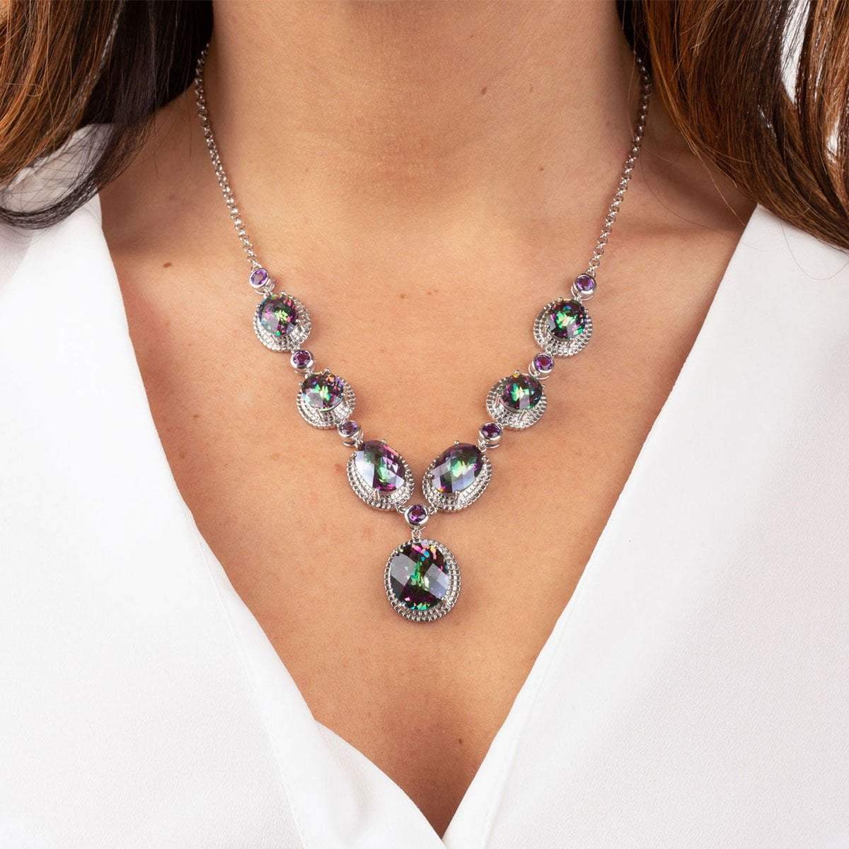 Mystic Quartz Oval Drop Statement Necklace with Amethyst Color Purple Green Pink Mystic Roma Designer Jewelry