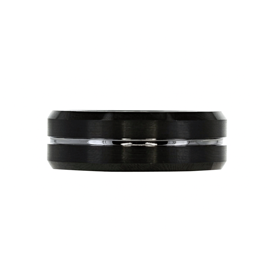 Roma Men's Collection Rings,Men's Grooved Black Tungsten Ring with Beveled Edge