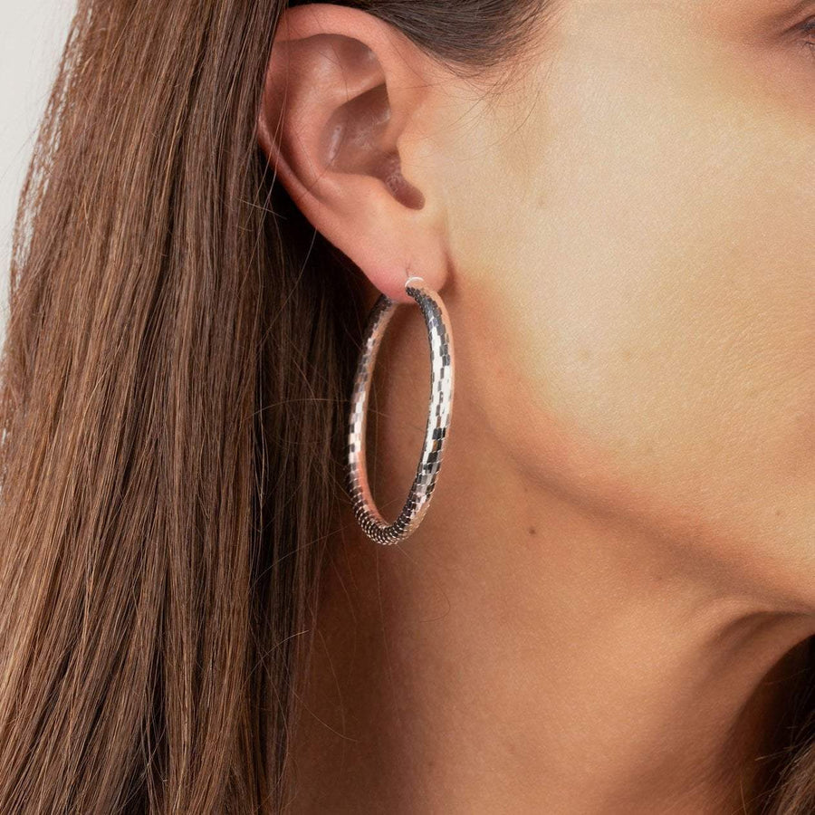 Roma Silver Collection Earrings Silver Large Hoop Checkerboard Earrings in Sterling Silver