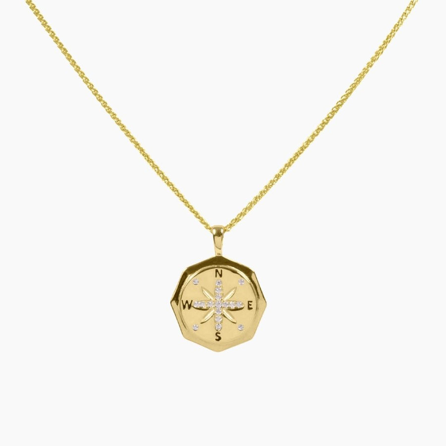 Roma Silver Collection Pendants Pendant + Chain True North Compass Pendant with CZ Accents (Gold)