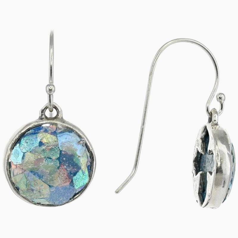 Roman Glass Jewelry Earrings Blue / Green / Pink / Purple Roman Glass Small Round Earrings in Sterling