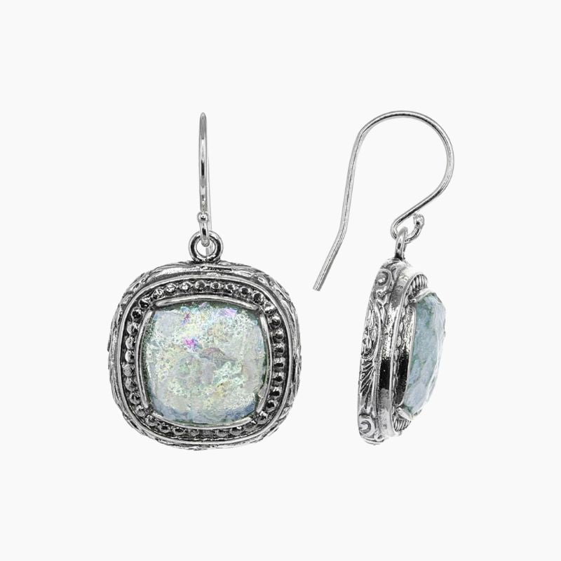 Roman Glass Jewelry Earrings Blue / Green / Pink / Purple Roman Glass Small Square Earrings with Patina in Sterling Silver
