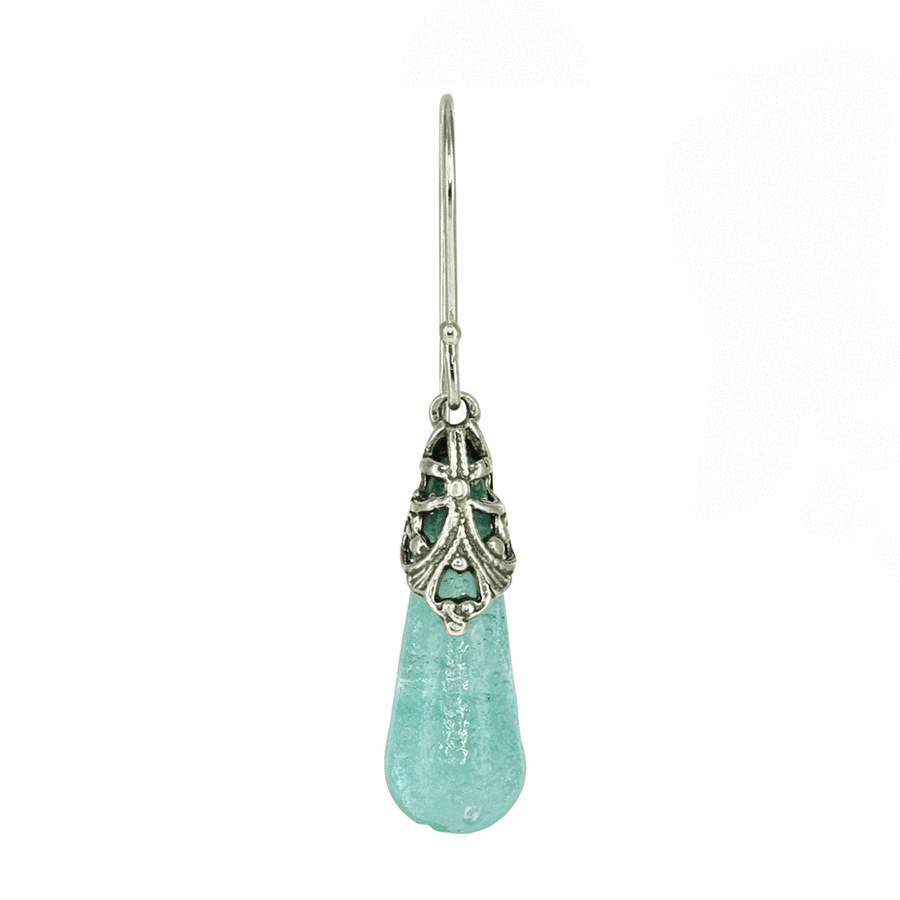 Roman Glass Jewelry Earrings Default Title / Blue / Green Roman Glass Translucent Dangle Earrings with Filigree
