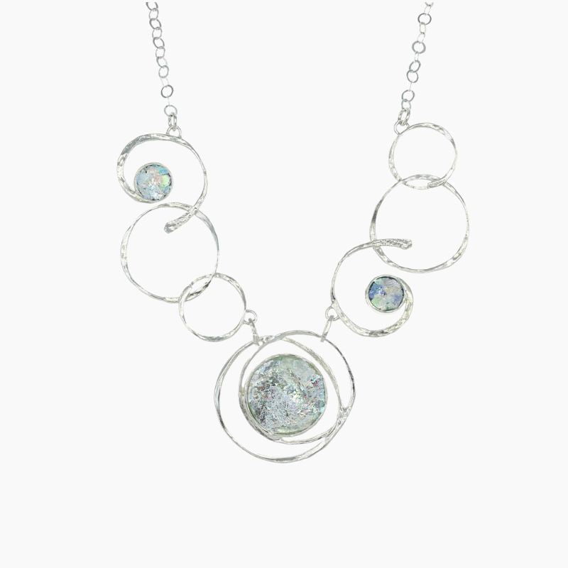 Roman Glass Jewelry Necklaces Color / Blue / Green / Pink / Purple Roman Glass Joined Circles Sterling Silver Necklace