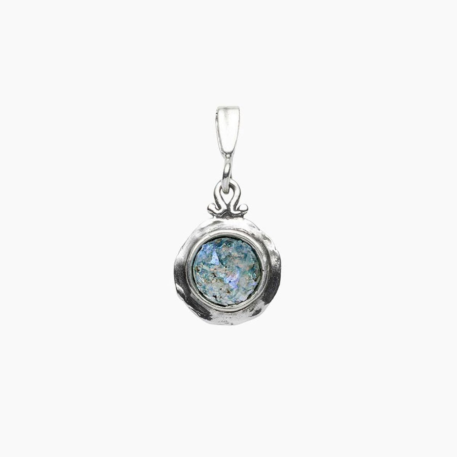 Roman Glass Jewelry Pendant Blue / Pink / Purple Roman Glass Small Round Pendant with Patina in Hammered Sterling Silver