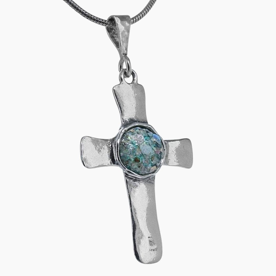 Roman Glass Jewelry Pendants Roman Glass Patina Cross Pendant in Hammered Sterling Silver