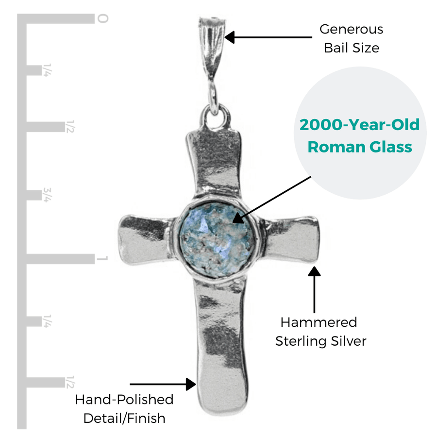 Roman Glass Jewelry Pendants Roman Glass Patina Cross Pendant in Hammered Sterling Silver