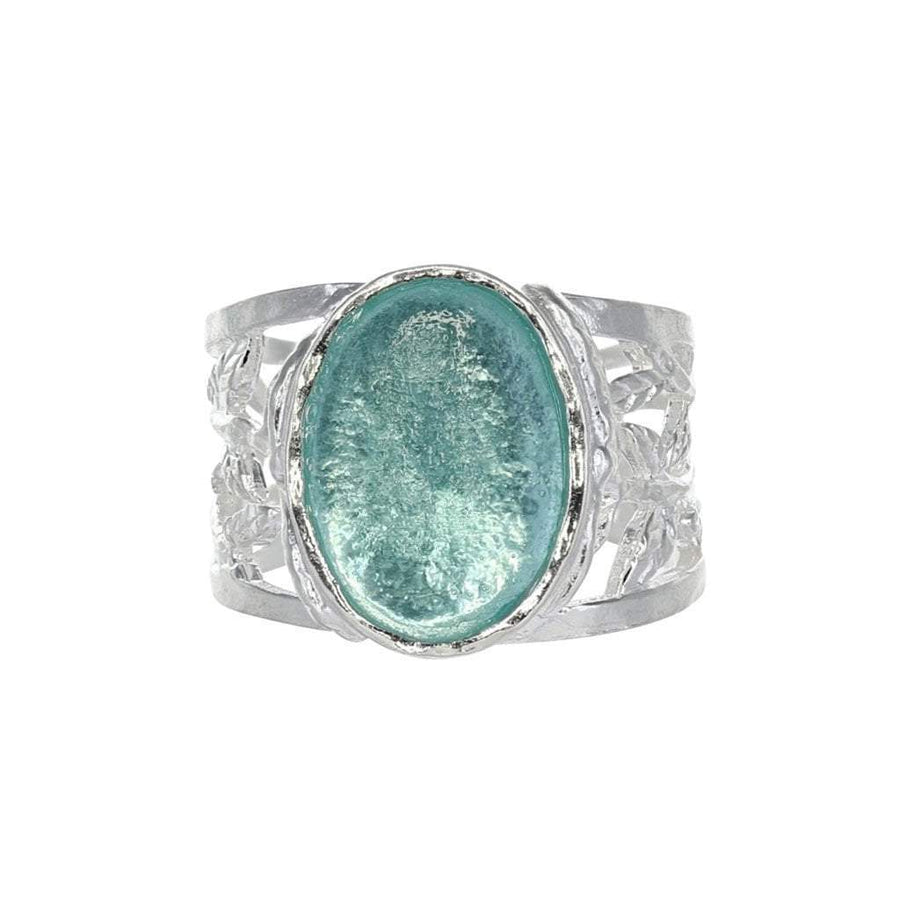 Roman Glass Jewelry Rings Roman Glass Ring with Sterling Silver Leaf Filigree Detail