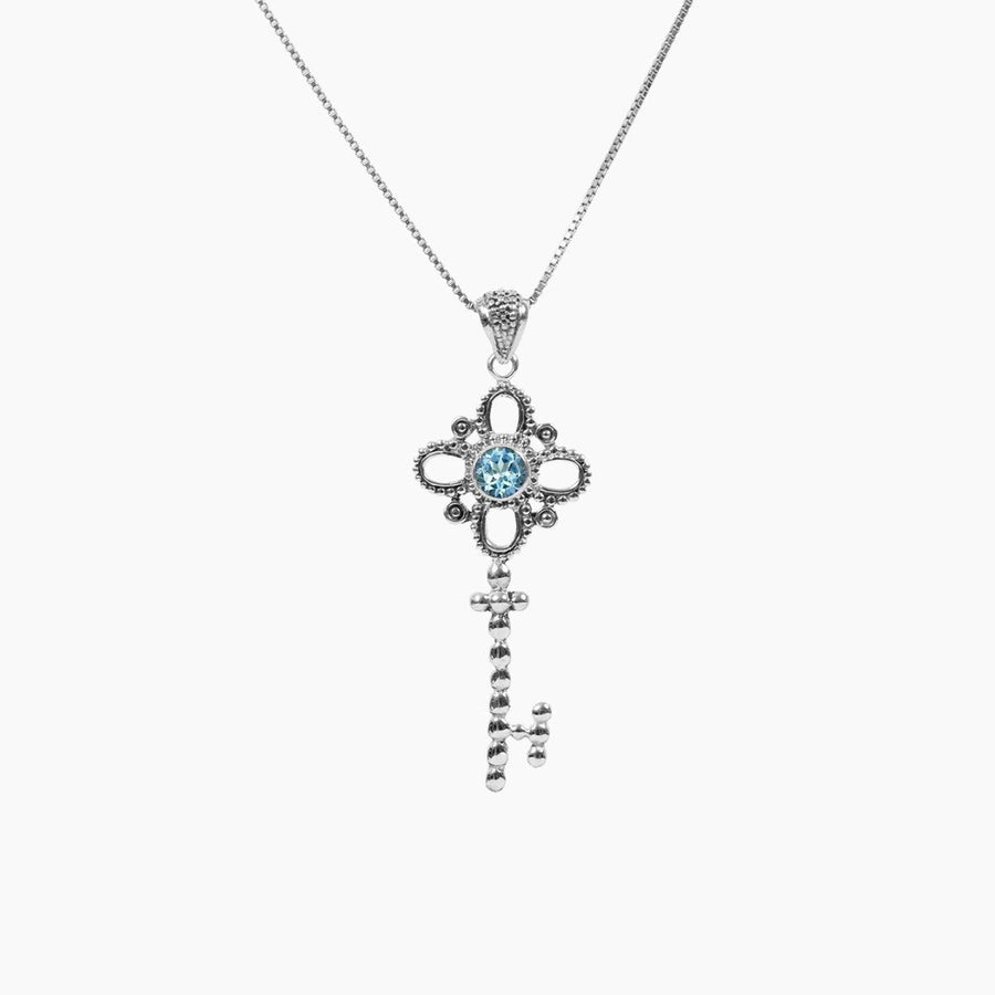 Silver Collection Pendants Silver / Black Sterling Silver Key Pendant with Blue Topaz